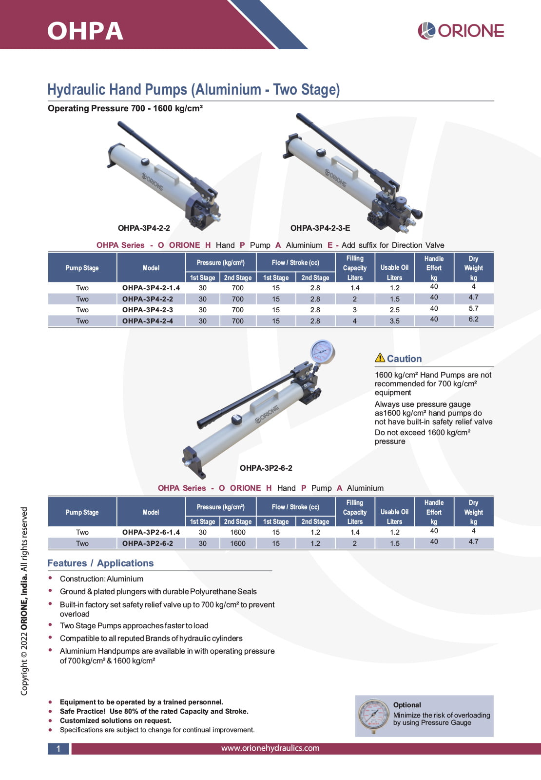 Hydraulic Hand Pumps - <br> Aluminium